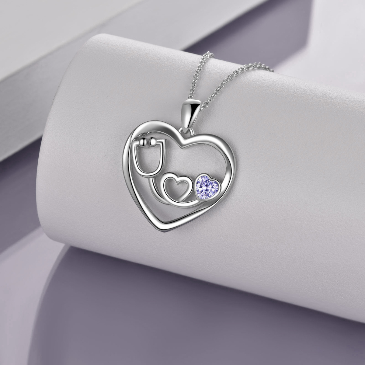 Sterling Silver Purple Cubic Zirconia Electrocardiogram Heart Necklace for Women-4