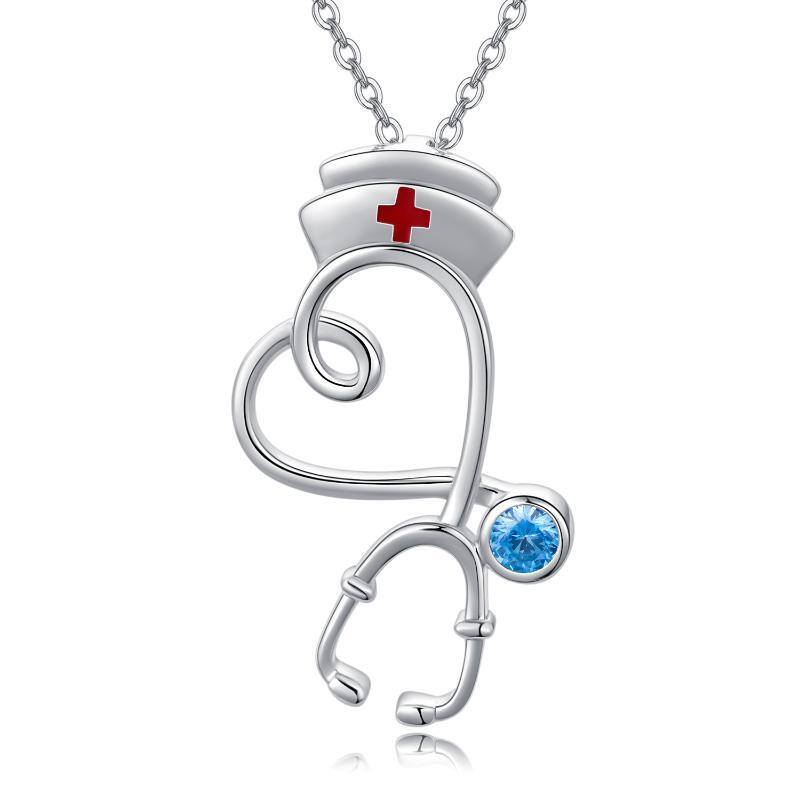 Sterling Silver Cubic Zirconia Heart & Stethoscope Pendant Necklace-11