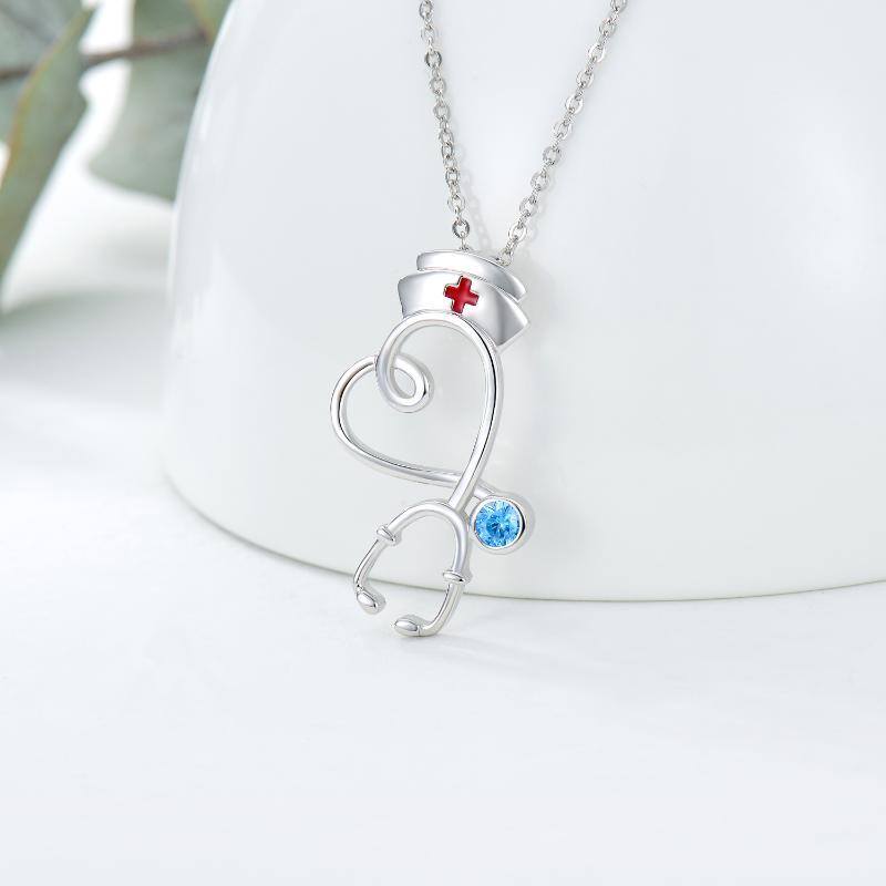 Sterling Silver Cubic Zirconia Heart & Stethoscope Pendant Necklace-3