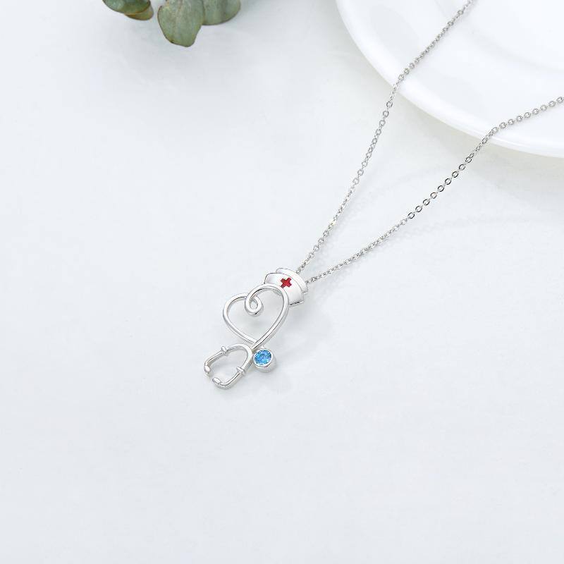 Sterling Silver Cubic Zirconia Heart & Stethoscope Pendant Necklace-4