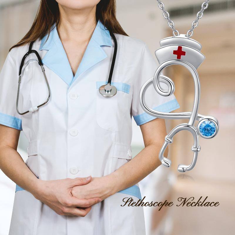 Sterling Silver Cubic Zirconia Heart & Stethoscope Pendant Necklace-6