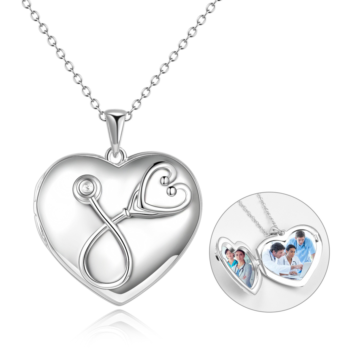 Sterling Silver Heart & Stethoscope Pendant Necklace with Engraved Word-1