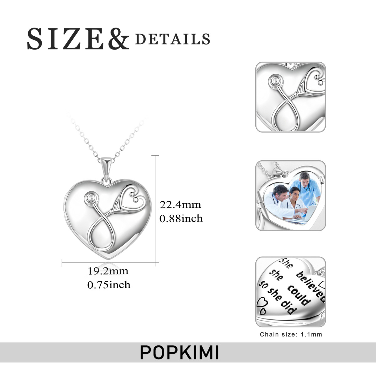 Sterling Silver Heart & Stethoscope Pendant Necklace with Engraved Word-5