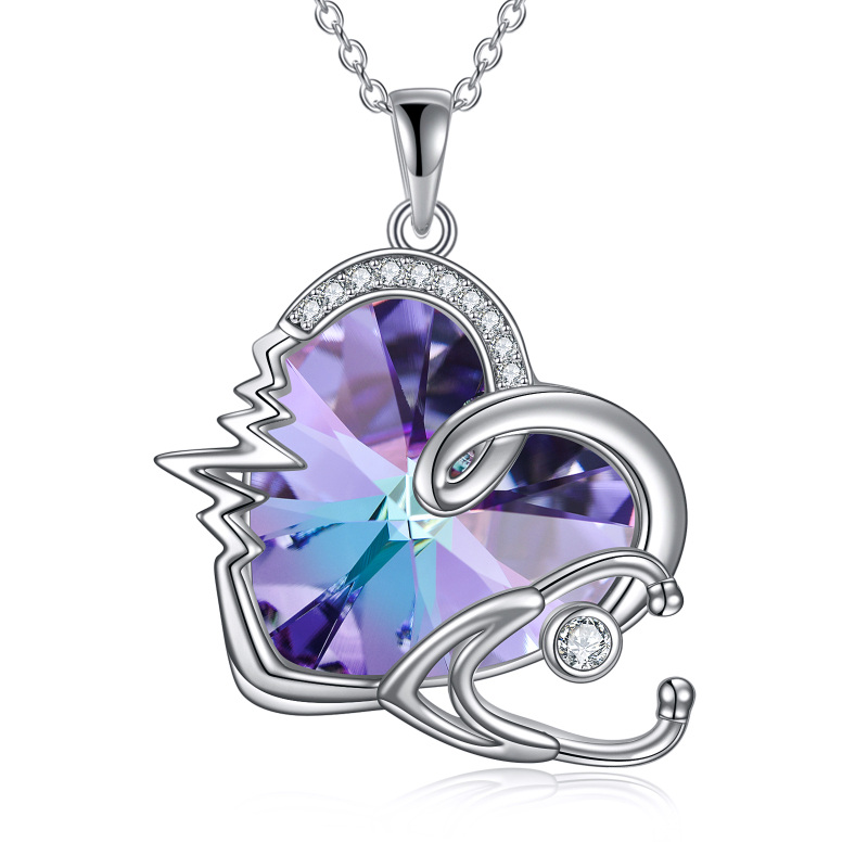 Sterling Silver Heart & Stethoscope Purple Crystal Pendant Necklace-4