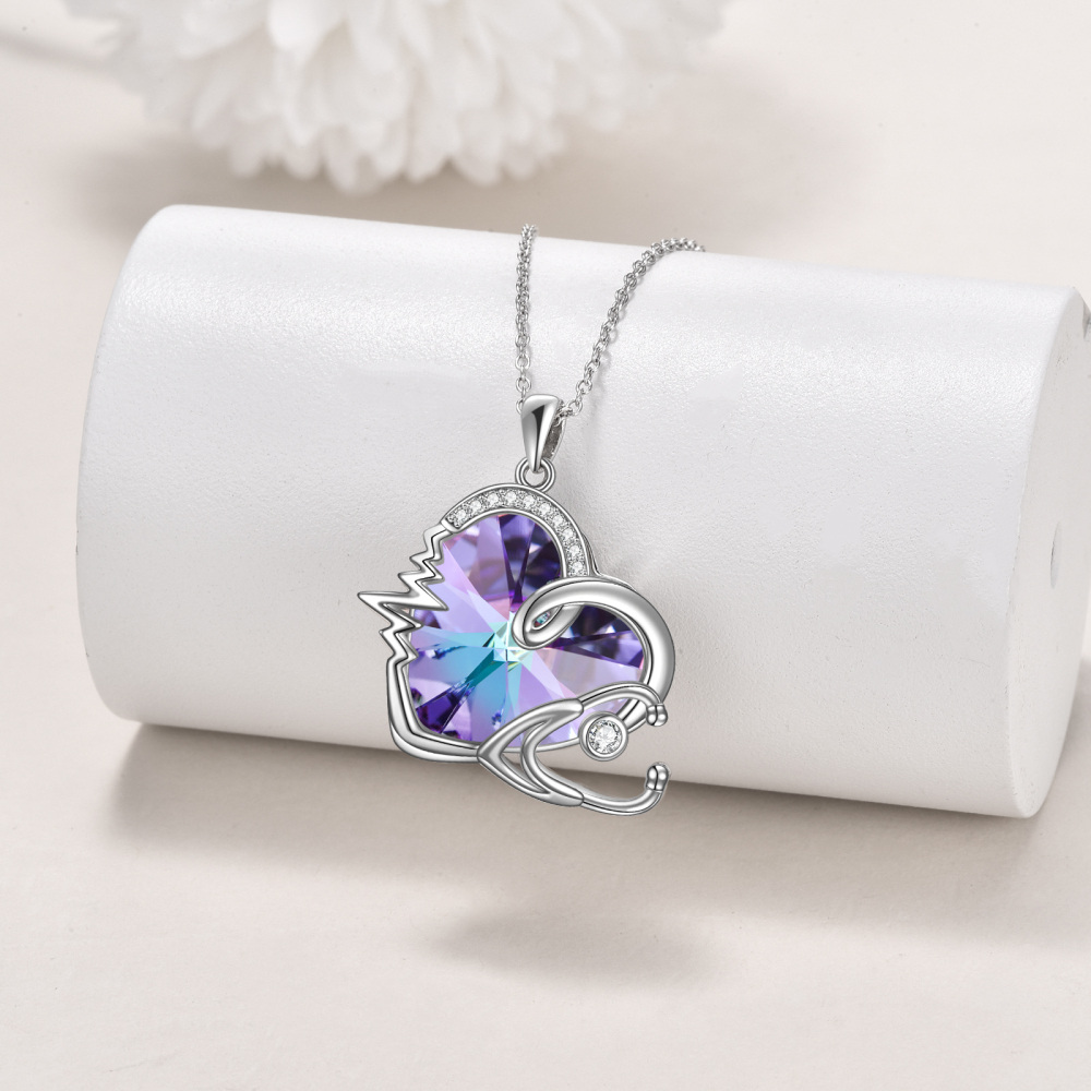 Sterling Silver Heart & Stethoscope Purple Crystal Pendant Necklace-3