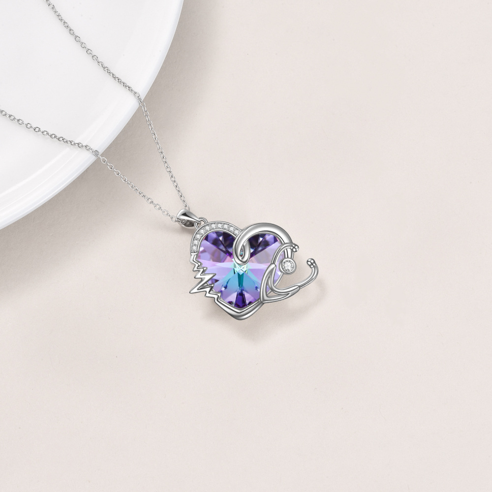 Sterling Silver Heart & Stethoscope Purple Crystal Pendant Necklace-4