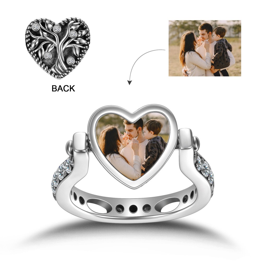Anillo giratorio personalizado con foto en plata de ley y circonita cúbica Corazón y Árbol de la Vida-1