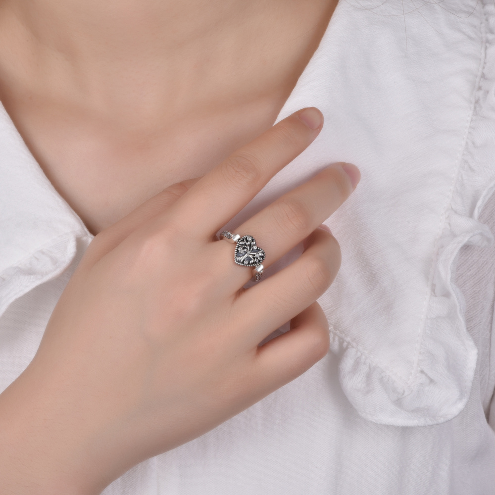 Anillo giratorio personalizado con foto en plata de ley y circonita cúbica Corazón y Árbol de la Vida-2