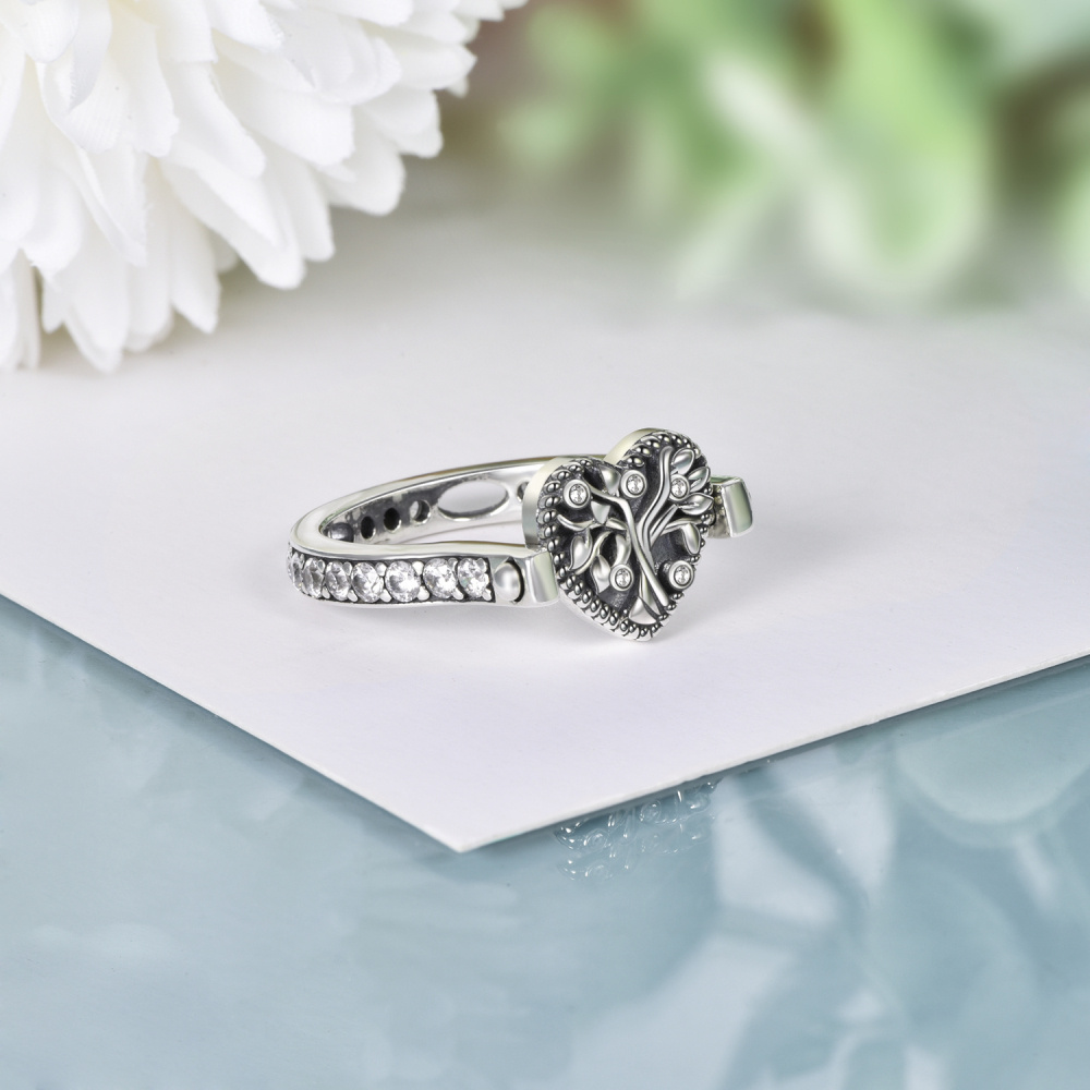 Anillo giratorio personalizado con foto en plata de ley y circonita cúbica Corazón y Árbol de la Vida-4