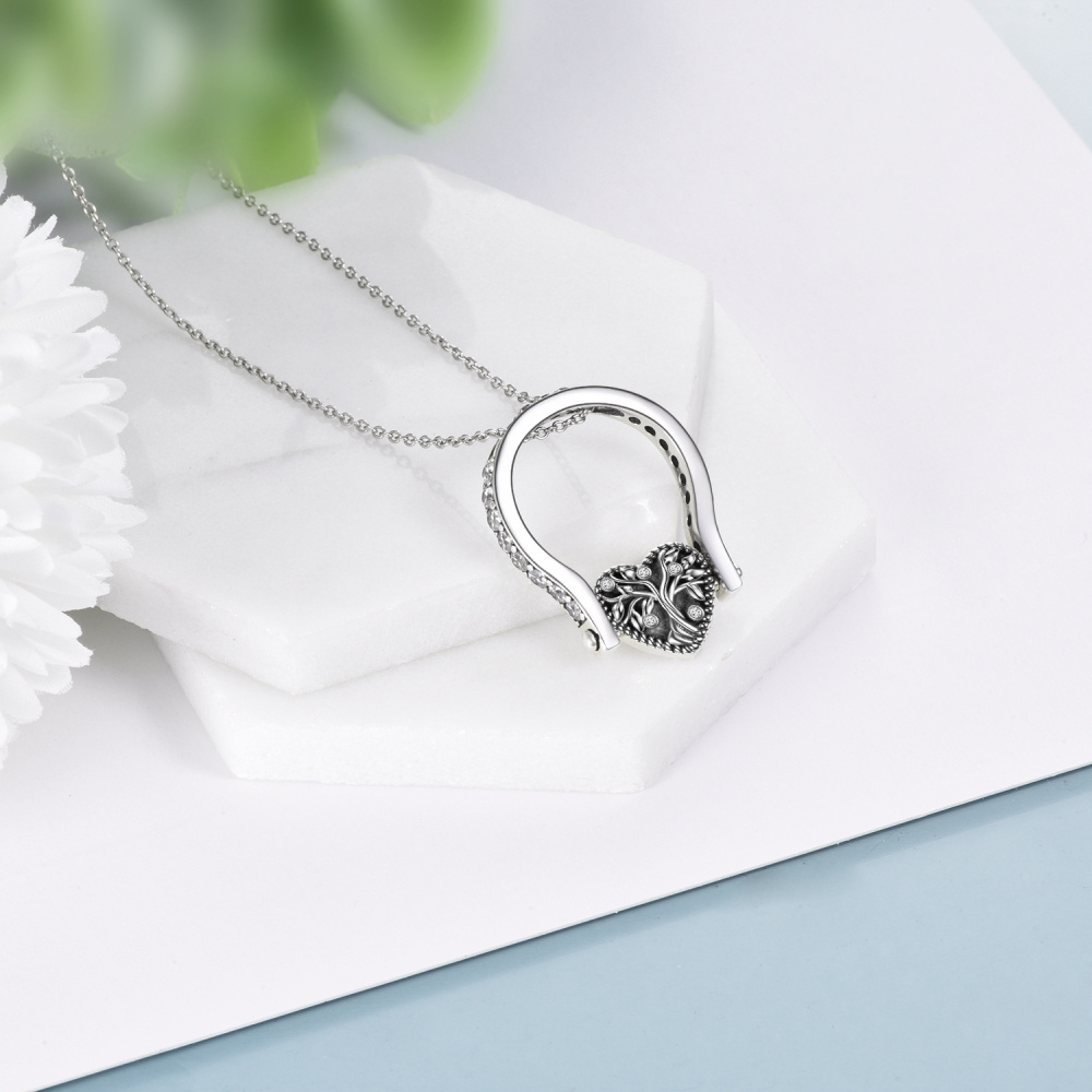 Anillo giratorio personalizado con foto en plata de ley y circonita cúbica Corazón y Árbol de la Vida-5