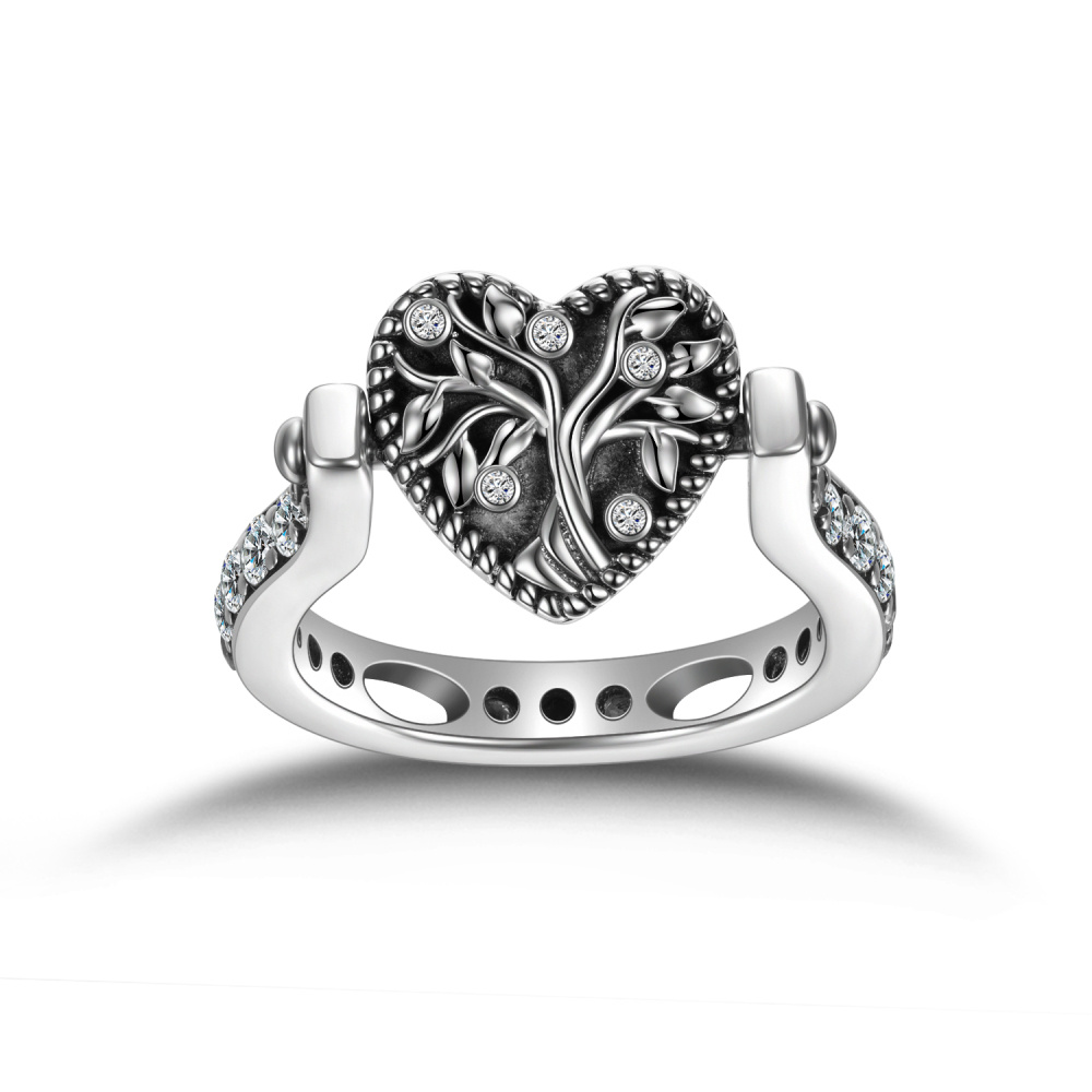 Anillo giratorio personalizado con foto en plata de ley y circonita cúbica Corazón y Árbol de la Vida-6