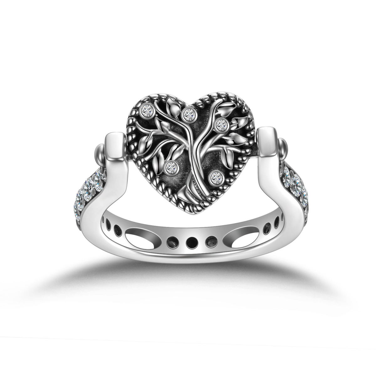 Sterling Silver Cubic Zirconia Heart & Tree Of Life Personalized Photo Spinner Ring-6