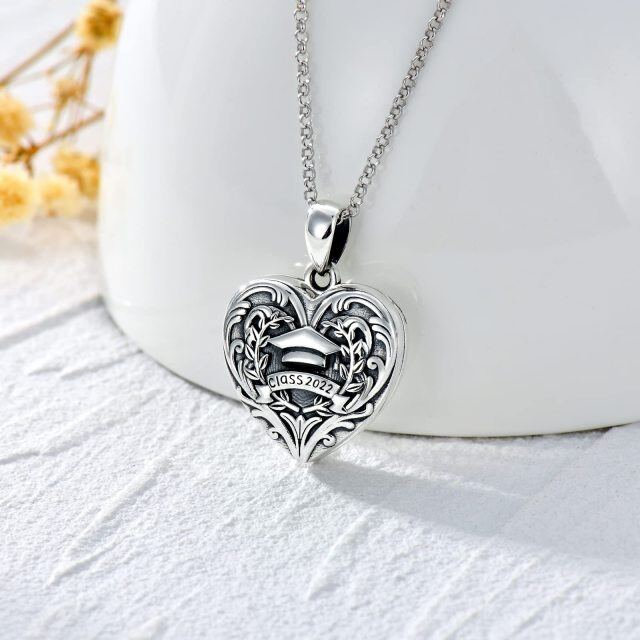 Sterling Silver Heart & Trencher Cap Personalized Photo Locket Necklace-3