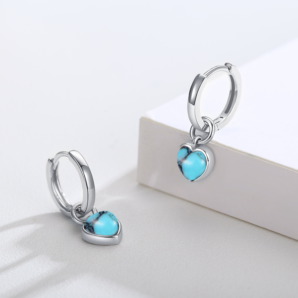 Sterling Silver Heart Turquoise Electrocardiogram Drop Earrings-4