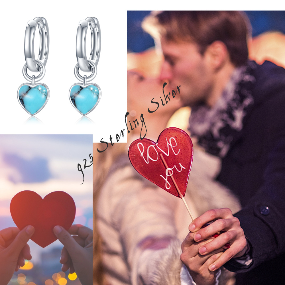Sterling Silver Heart Turquoise Electrocardiogram Drop Earrings-6