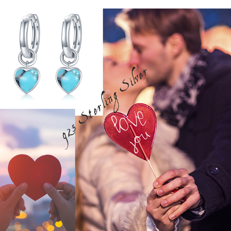 Pendientes de plata de ley Corazón Turquesa Electrocardiograma-6