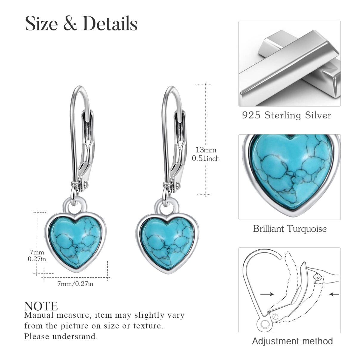 Sterling Silver Heart Turquoise Lever-back Earrings for Women-5