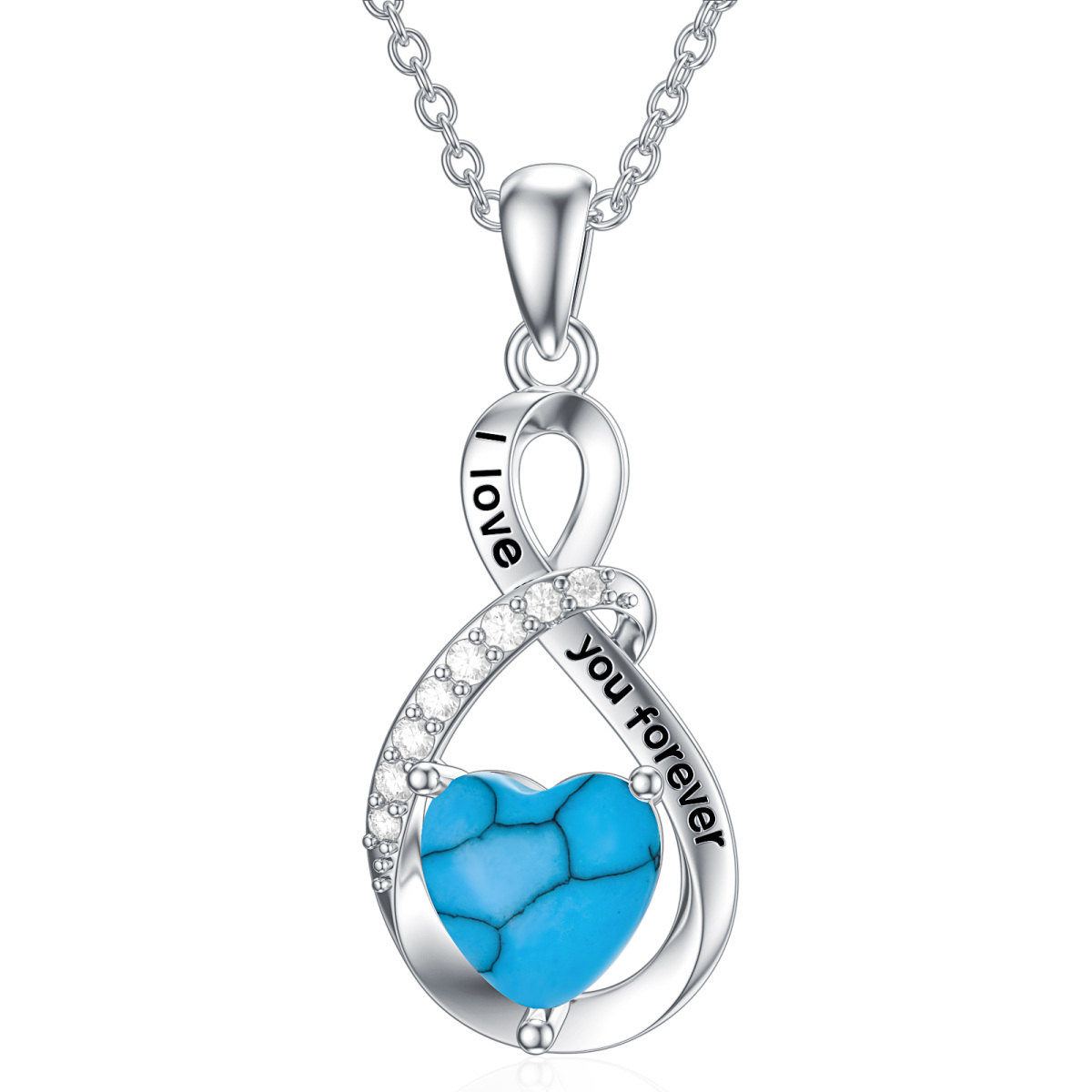 Sterling Silver Heart Turquoise Infinity Symbol Pendant Necklace With Engraved Word For Women-1