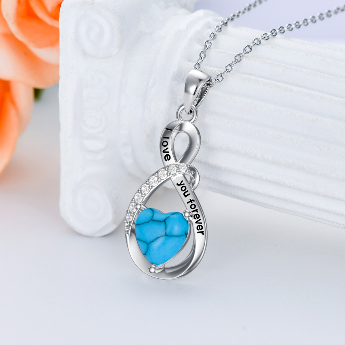 Sterling Silver Heart Turquoise Infinity Symbol Pendant Necklace With Engraved Word For Women-3