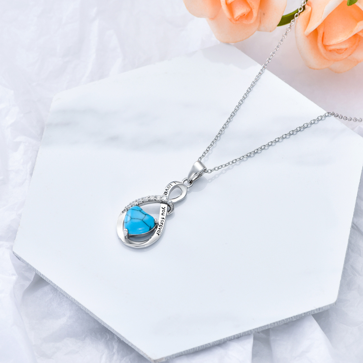 Sterling Silver Heart Turquoise Infinity Symbol Pendant Necklace With Engraved Word For Women-4