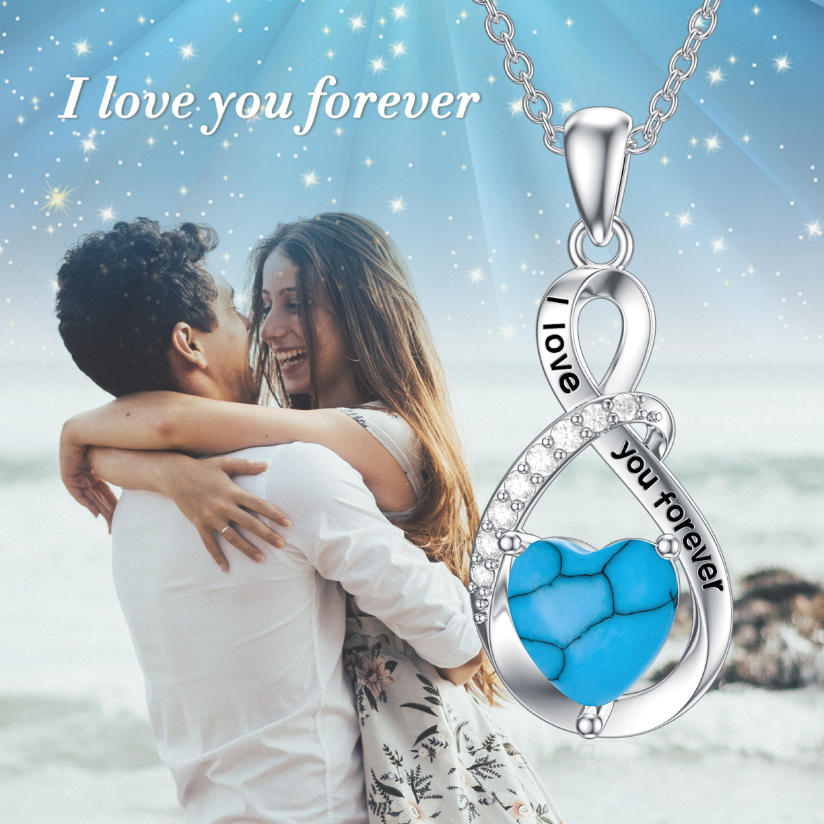 Sterling Silver Heart Turquoise Infinity Symbol Pendant Necklace With Engraved Word For Women-5