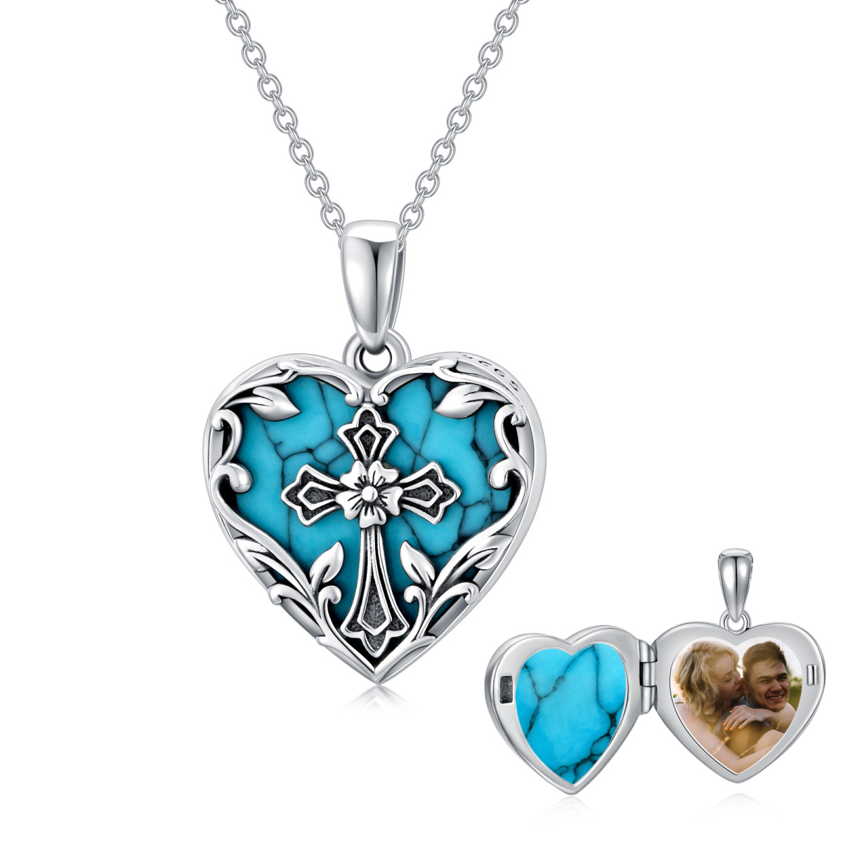 Sterling Silver Heart Turquoise Cross Personalized Photo Locket Necklace For Best Friend-1