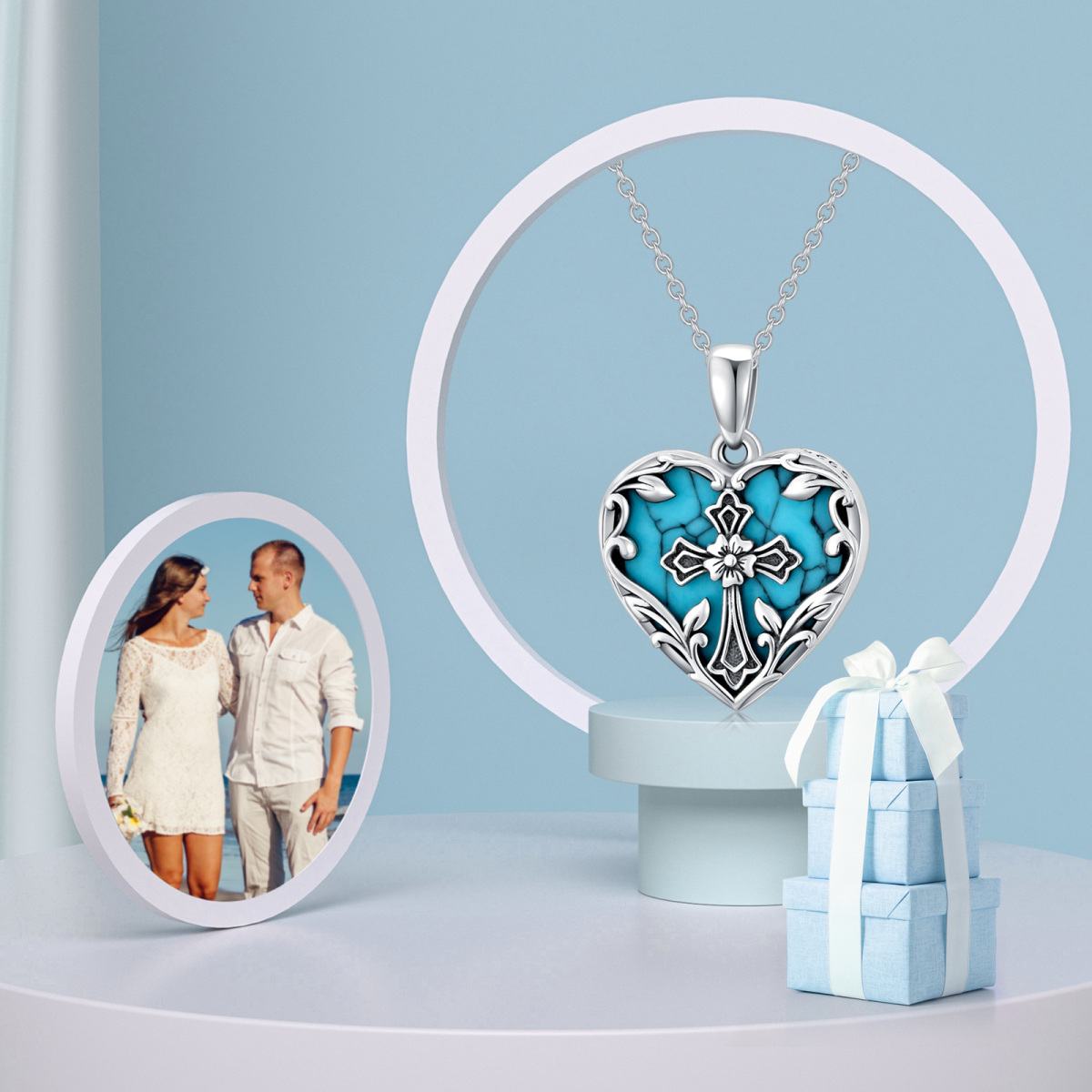 Collana con medaglione fotografico personalizzato con croce turchese a forma di cuore in argento sterling per il migliore amico-4