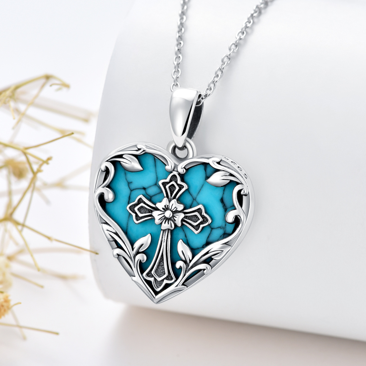 Sterling Silver Heart Turquoise Cross Personalized Photo Locket Necklace For Best Friend-5