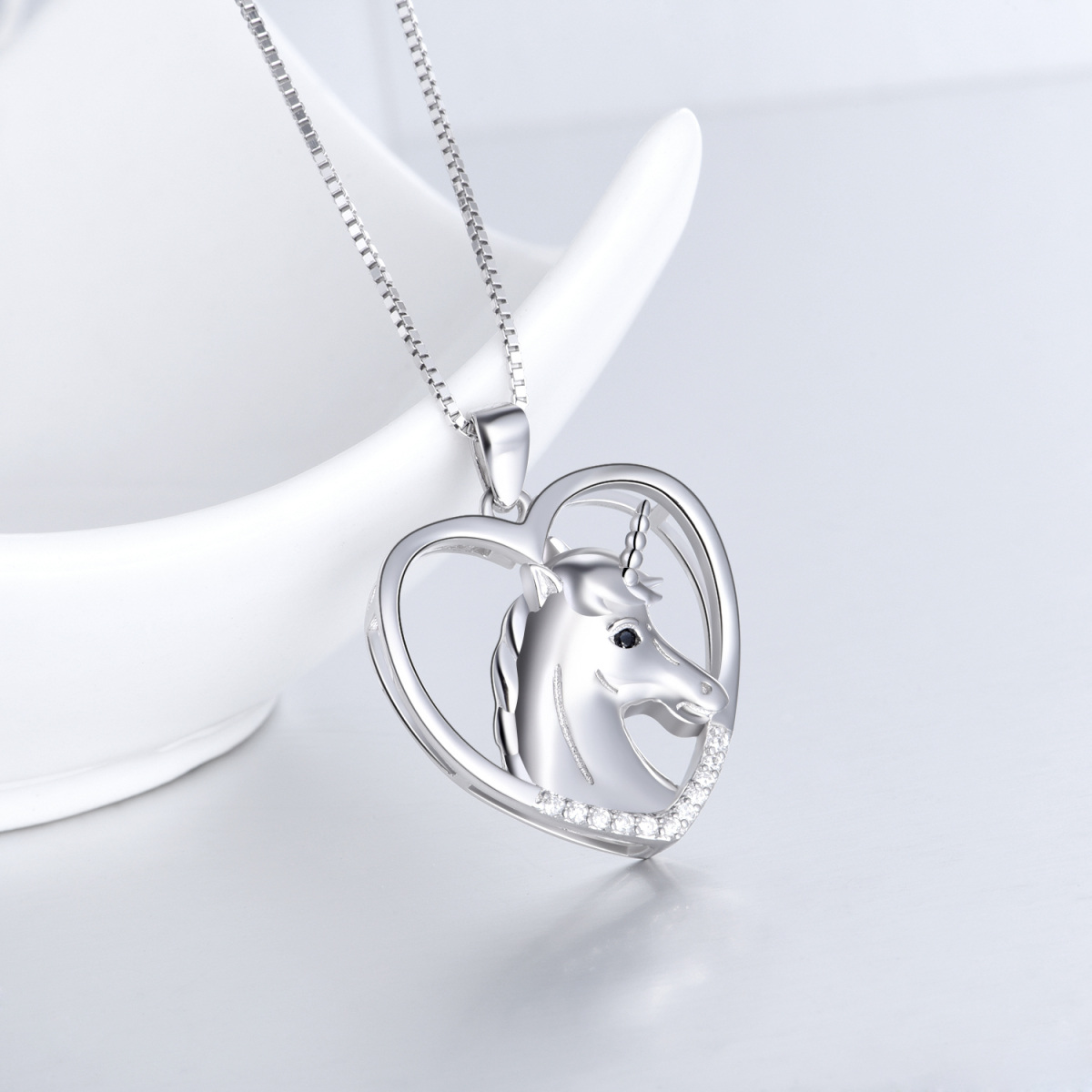 Sterling Silver Cubic Zirconia Heart & Unicorn Pendant Necklace-3