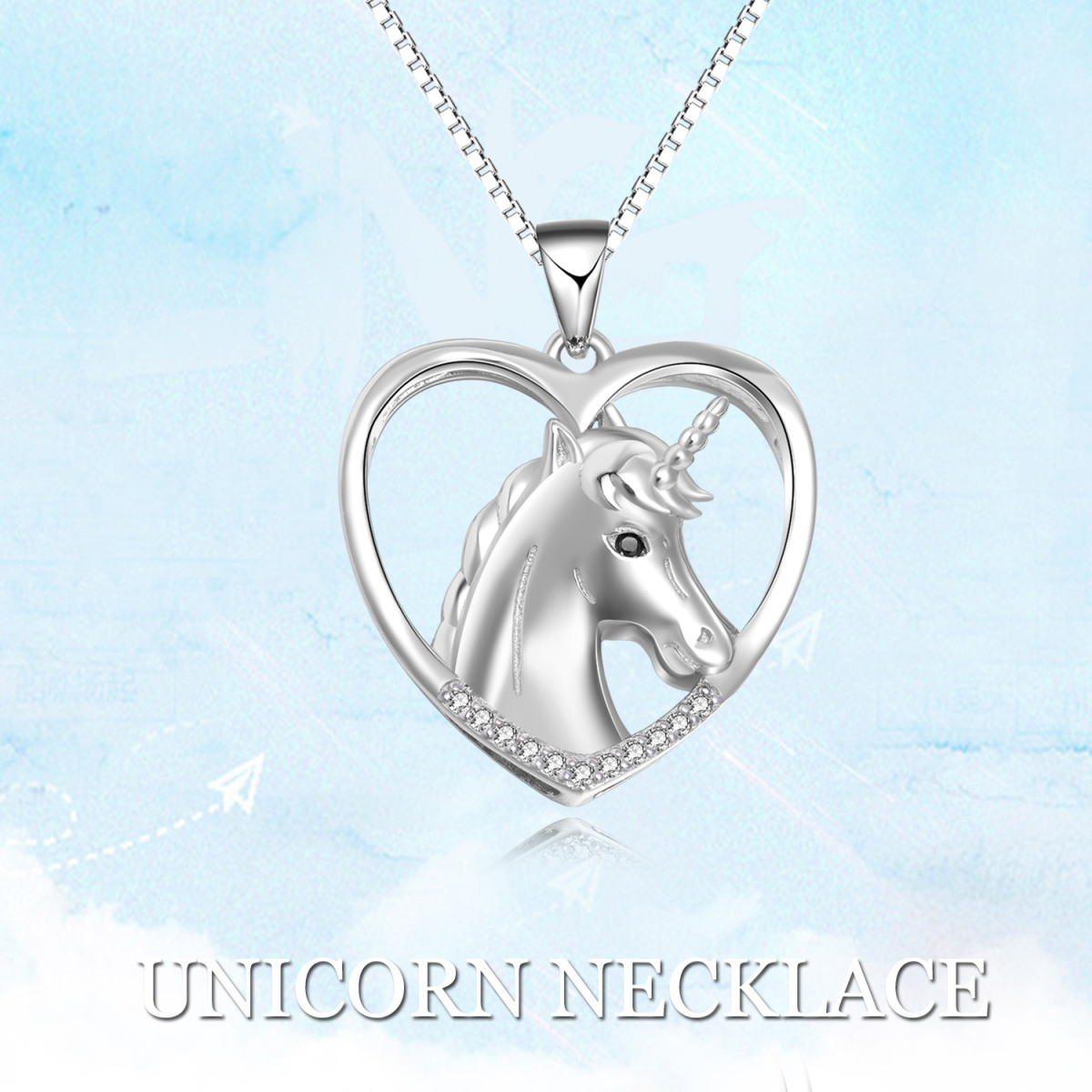 Sterling Silver Cubic Zirconia Heart & Unicorn Pendant Necklace-5