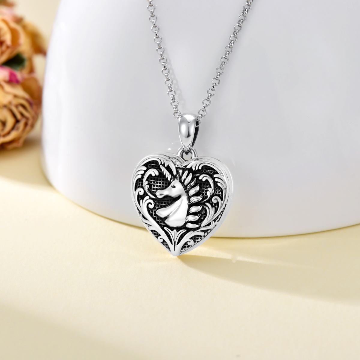 Sterling Silver Heart & Unicorn Personalized Photo Locket Necklace-3