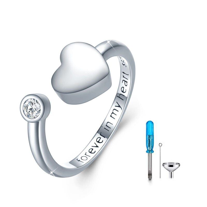 Plata de ley Circonita Corazón Urna para cenizas Anillo abierto con palabra grabada-2