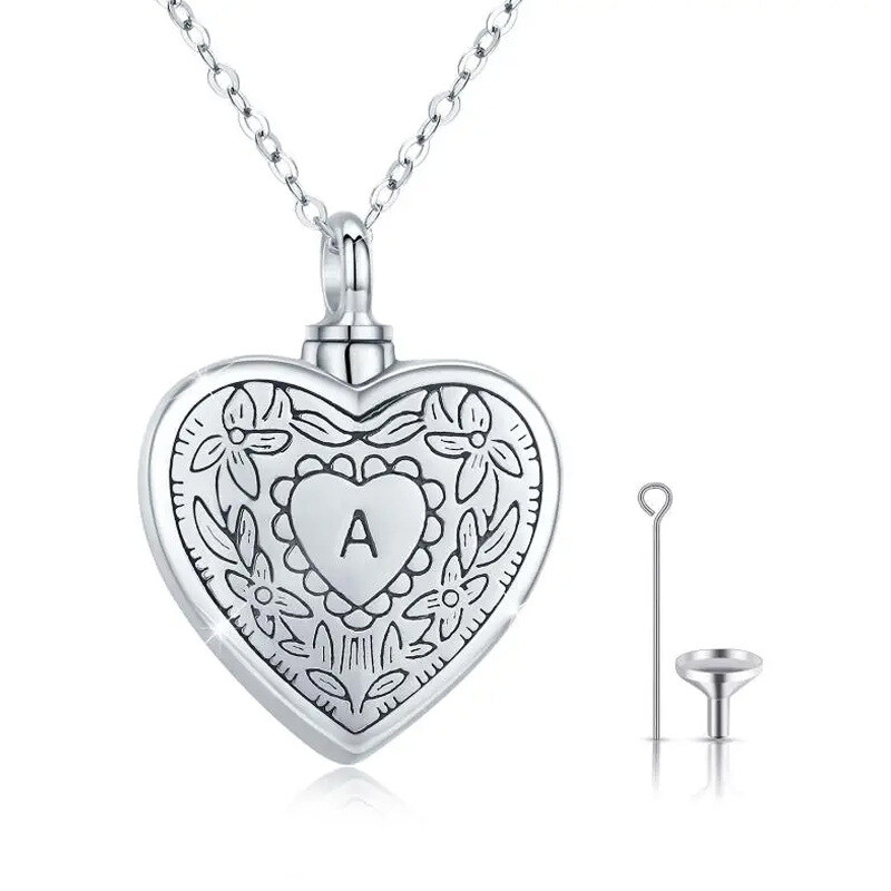 Sterling Silver Heart Urn Necklace for Ashes with Initial Letter A-20
