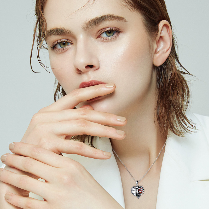 Sterling Silver Cubic Zirconia Heart Urn Necklace for Ashes with Engraved Word-2