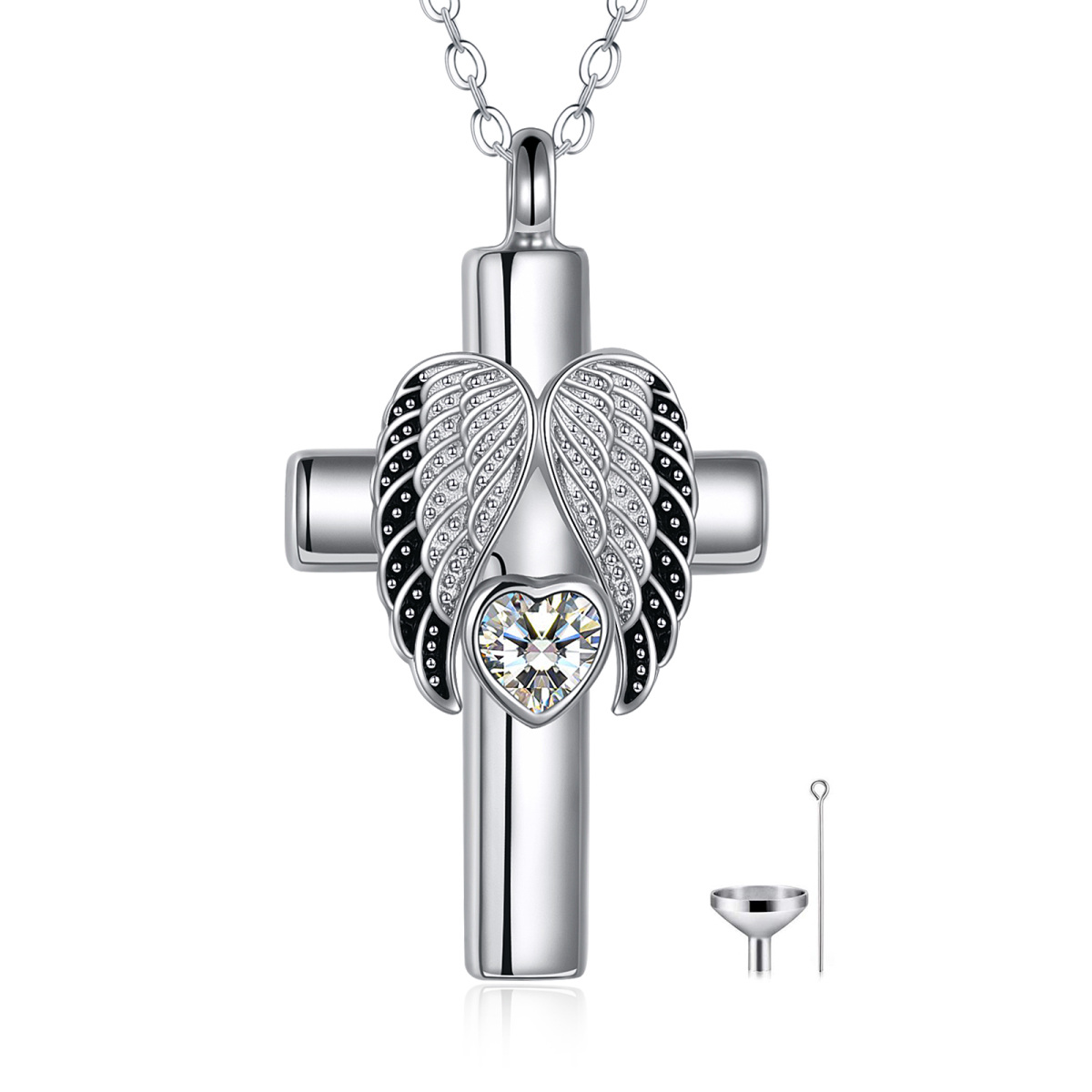 Collana d'argento con cuore e zircone e ali d'angelo per le ceneri-1