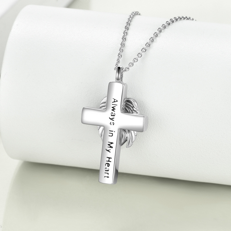 Sterling Silver Heart Zircon Angel Wings Urn Necklace for Ashes-4