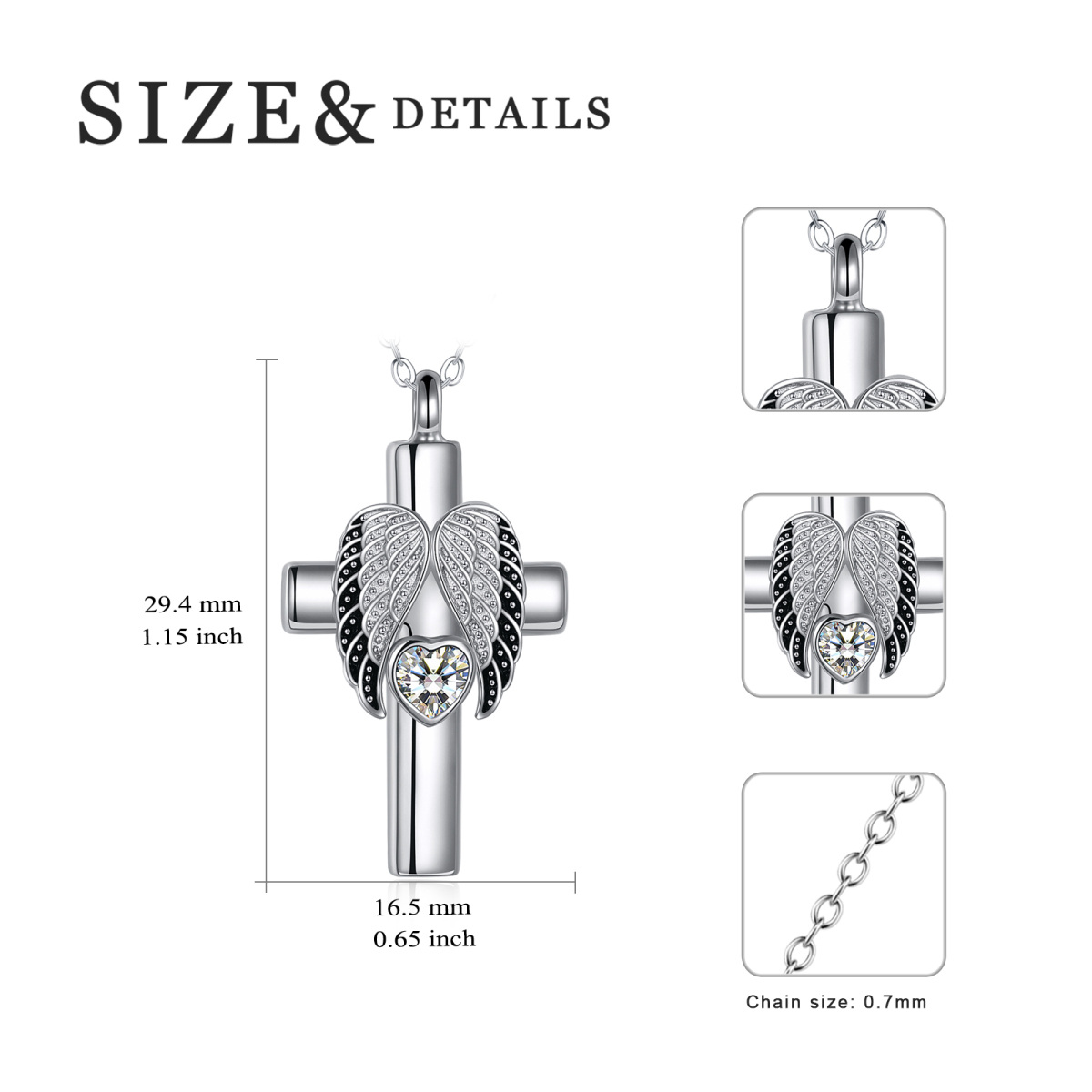 Sterling Silber Herz Zirkon Engel Flügel Urne Halskette-5