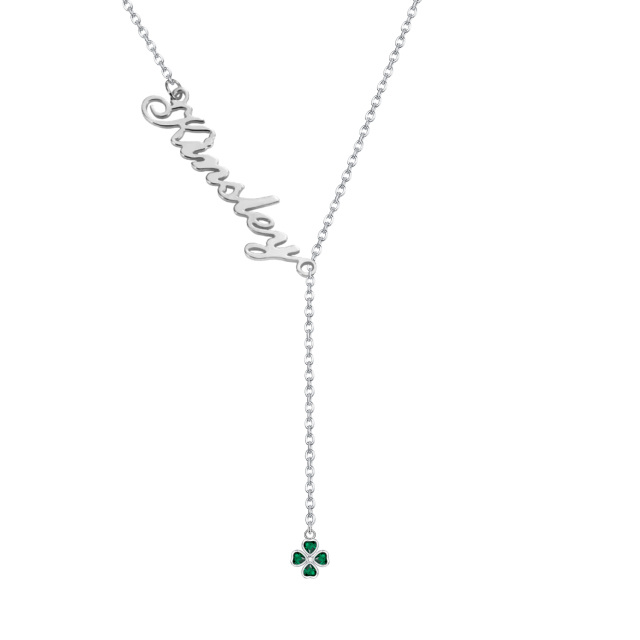 Sterling Silver Heart Zircon & Classic Name Four-leaf Clover Adjustable Y Necklace-1