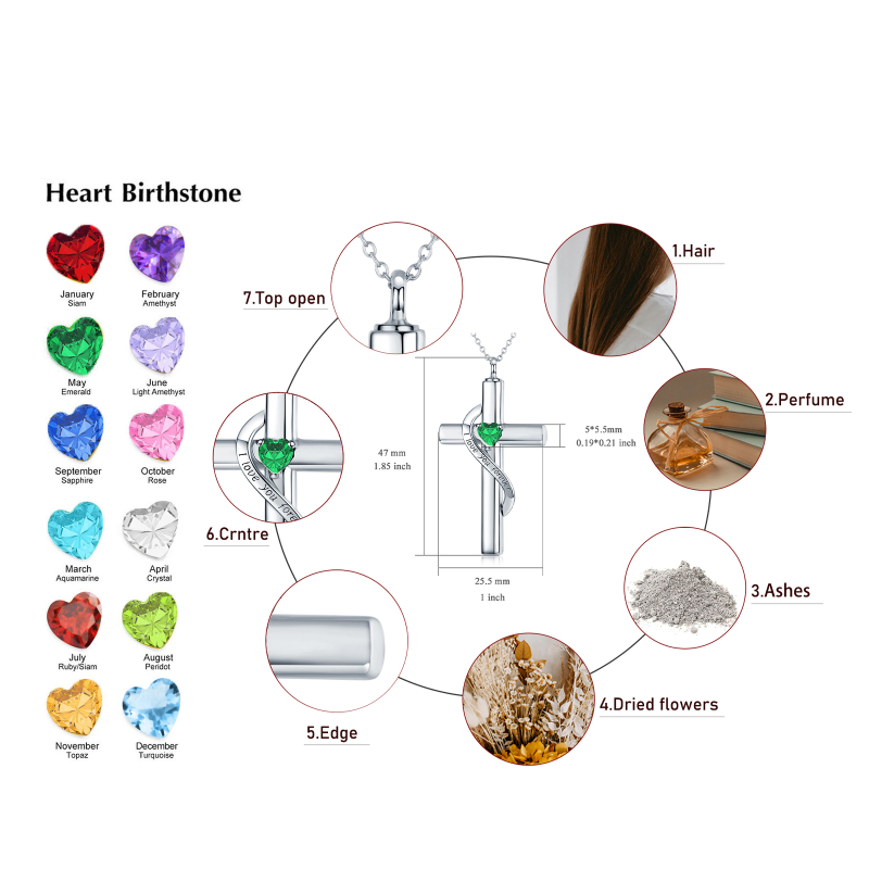 10K witgouden ketting en Sterling Zilveren kruisurne-halsketting voor as, gepersonaliseerde hartgeboortesteen, crematie-sieraden-3