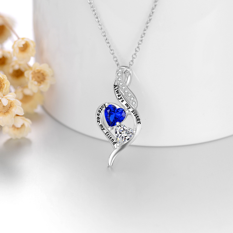 Sterling Silver Heart Zircon Pendant Necklace With Engraved Word For Women Best Friends-3