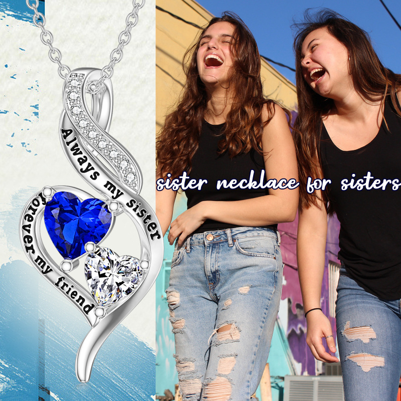 Sterling Silver Heart Zircon Pendant Necklace With Engraved Word For Women Best Friends-6