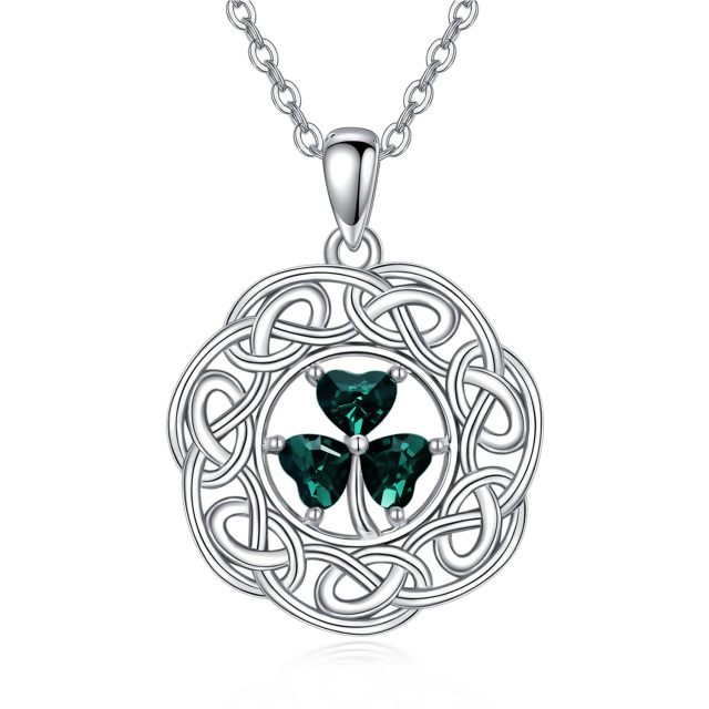 Sterling Silver Heart Zircon Shamrock & Celtic Knot Pendant Necklace-4