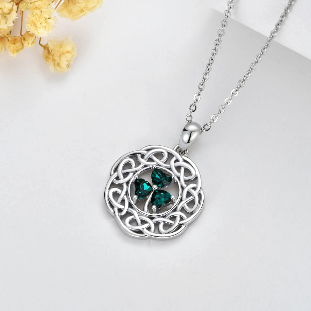 Sterling Silver Heart Zircon Shamrock & Celtic Knot Pendant Necklace-3