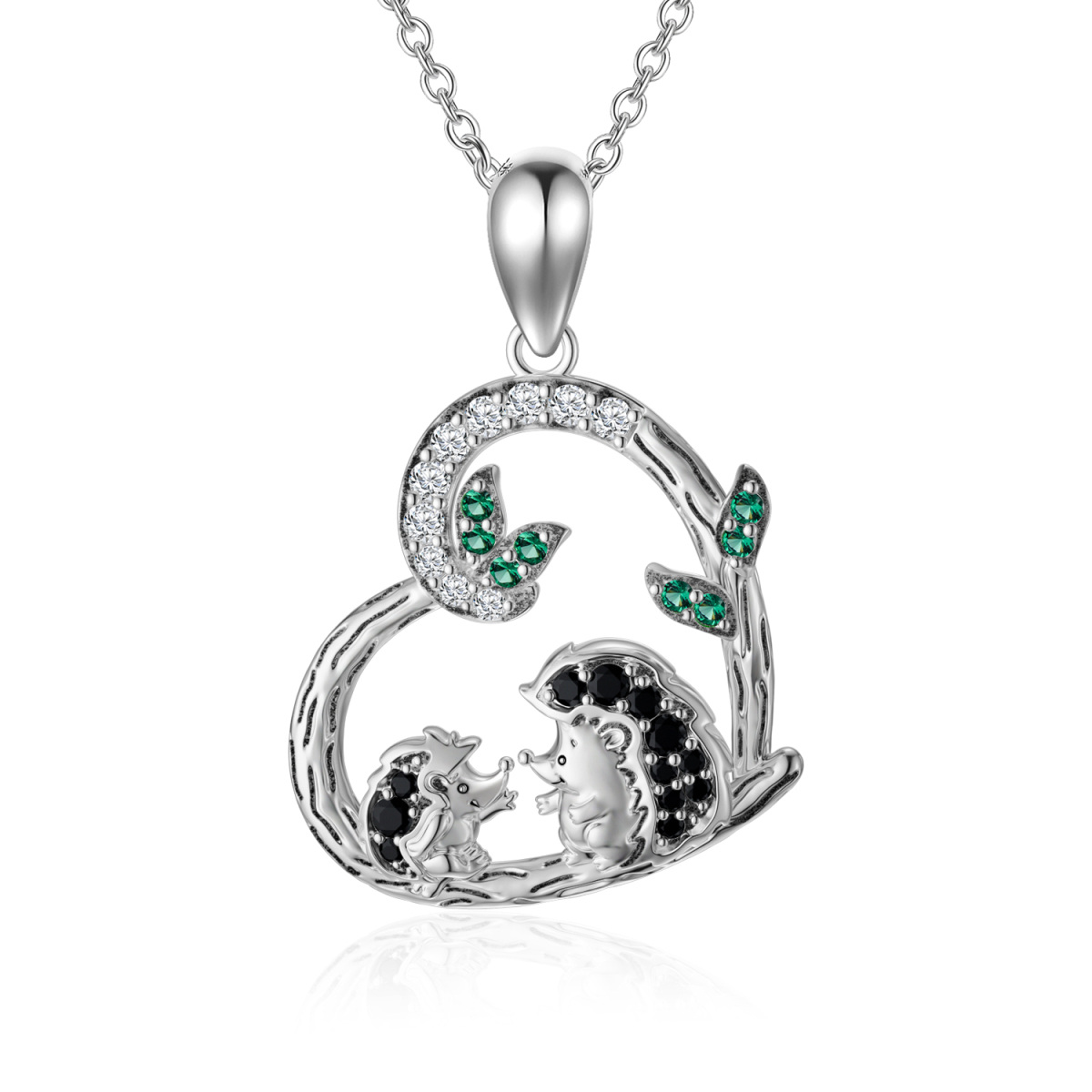 Sterling Silver Cubic Zirconia Hedgehog Leaves & Heart Pendant Necklace-1