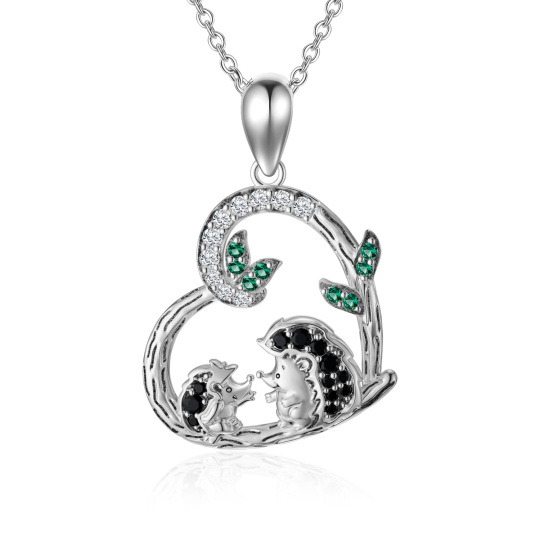 Sterling Silver Cubic Zirconia Hedgehog Leaves & Heart Pendant Necklace