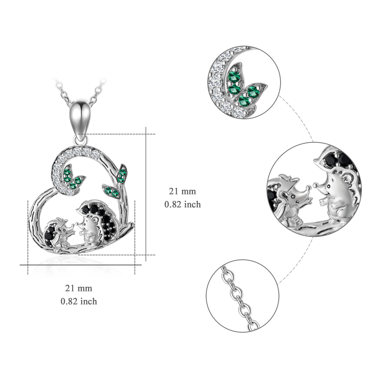 Halskette mit Igel-Blätter-Herz-Anhänger aus Sterlingsilber mit Zirkonia-5