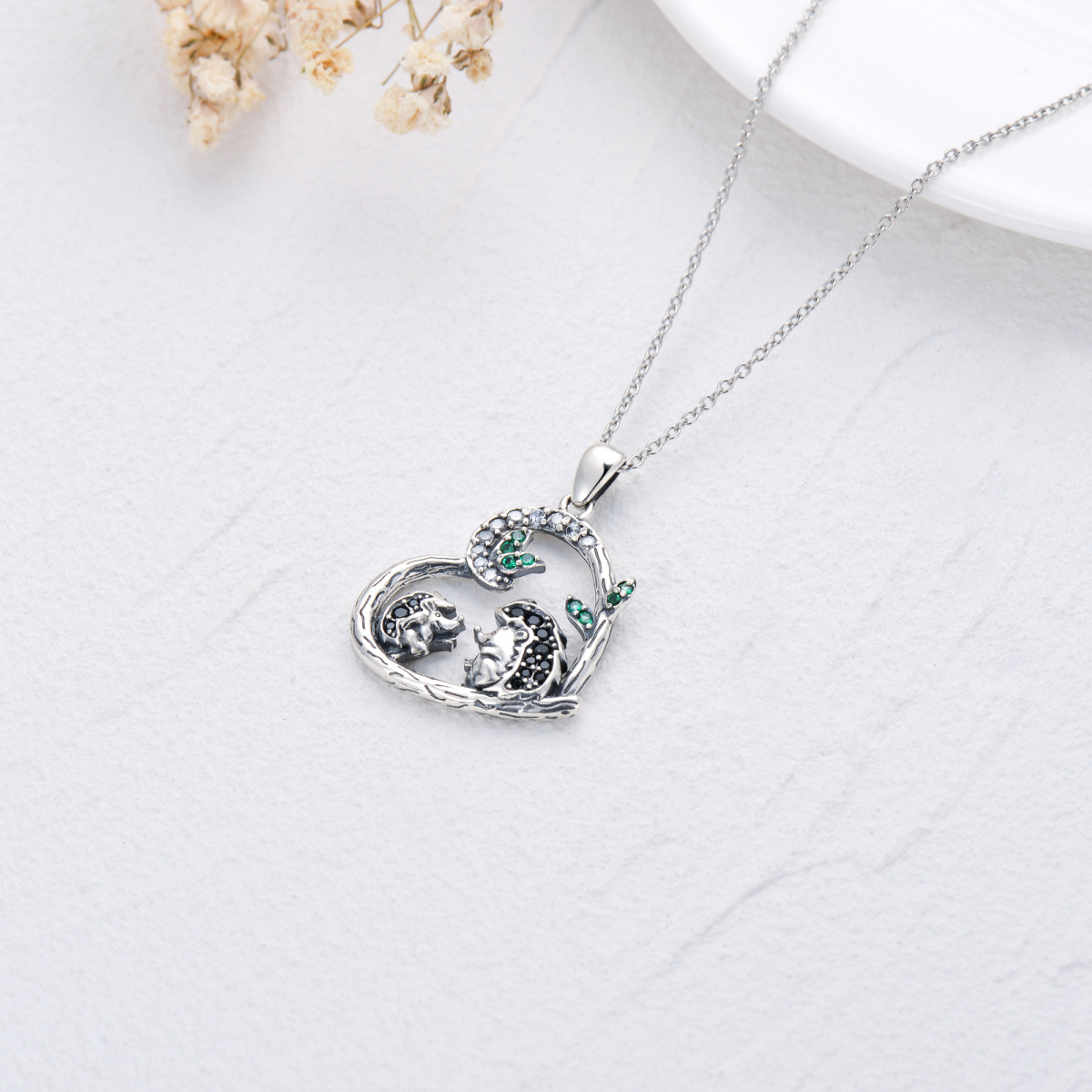 Sterling Silver Cubic Zirconia Hedgehog Leaves & Heart Pendant Necklace-3