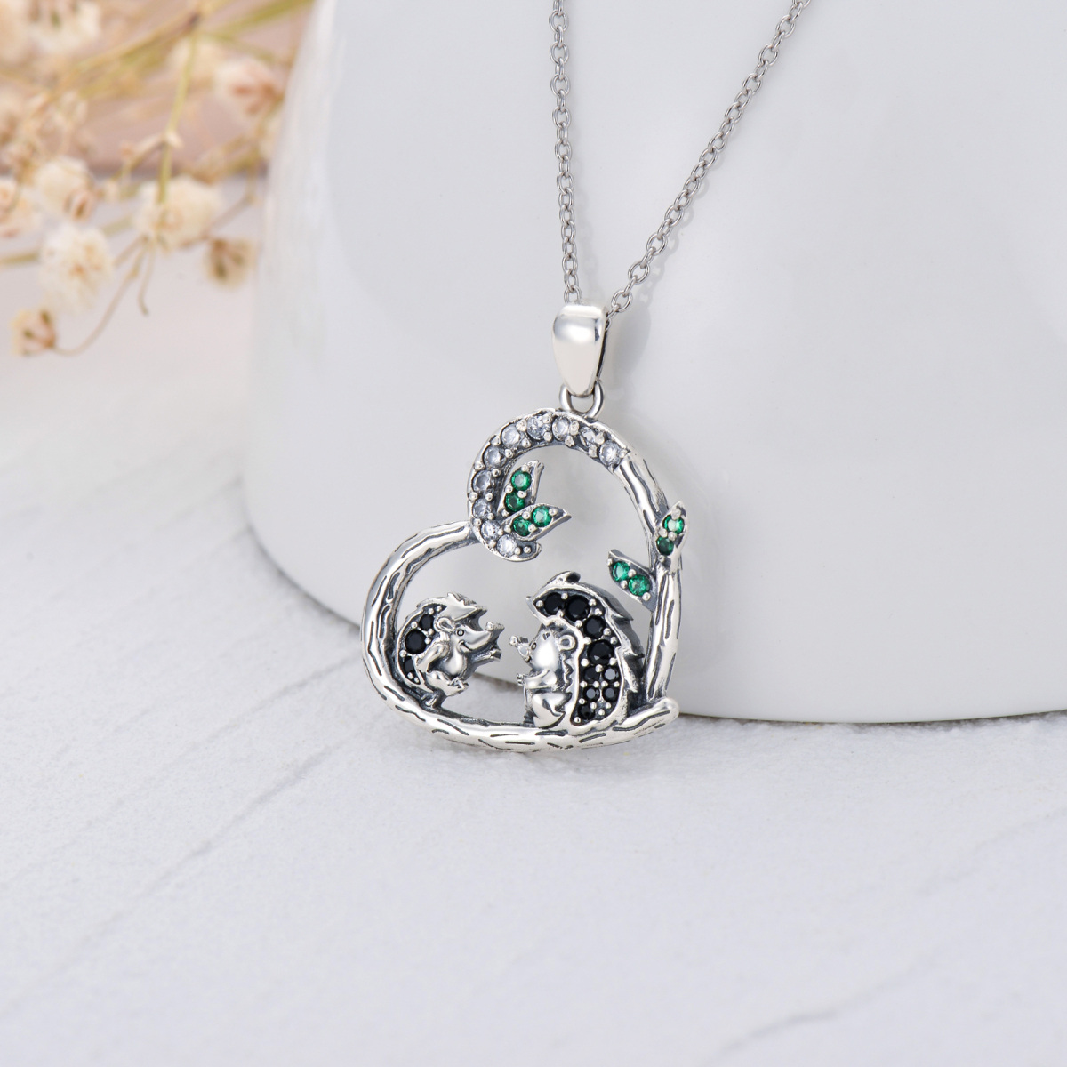 Sterling Silver Cubic Zirconia Hedgehog Leaves & Heart Pendant Necklace-4