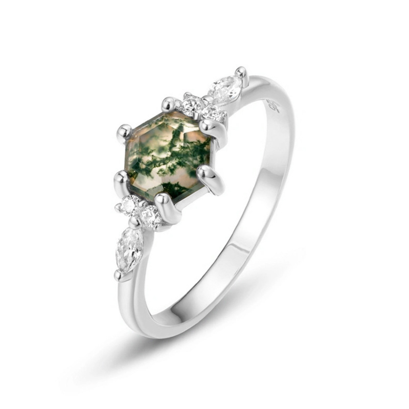 Sterling Silver Hexagon Moss Agate Engagement Ring-12