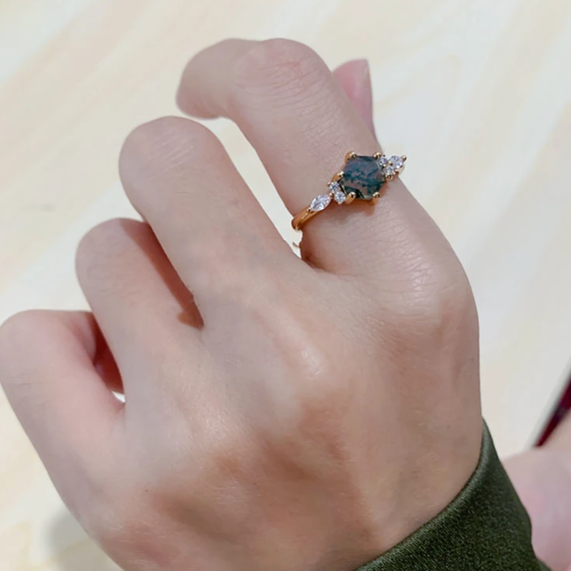 Anel de noivado de prata esterlina em ágata musgo hexagonal-2